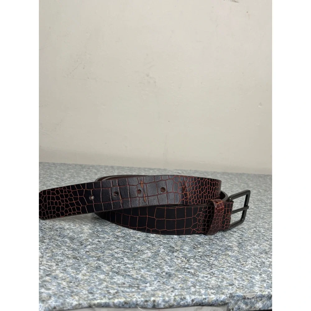 Express Belt XL Brown Burgundy Crocodile Embossed 100% Leather Gunmetal Buckle